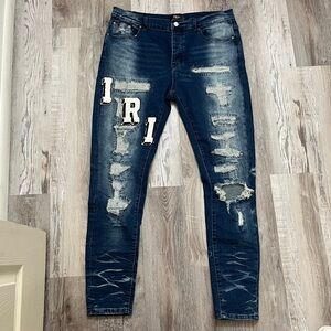 Amiri Varsity Skinny Jeans Dark Wash Distressed Size 36 Button Fly